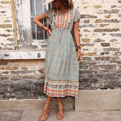 Women's New Vintage Print Green Slim Dress