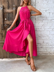 Women's New Rose Red Hanging Neck Irregular Style Long Dress