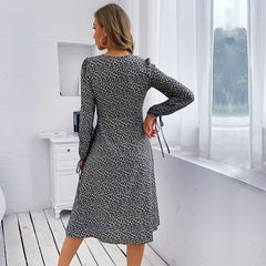 Women's New V-neck Printed Long Sleeve Split Dress