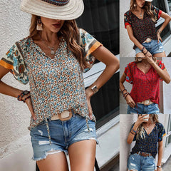 Women's New Casual Loose V-neck Printed Short Sleeve Shirt