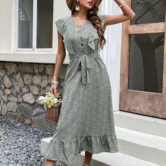 Women's New Summer Print Slim Fit Green Vintage Dress