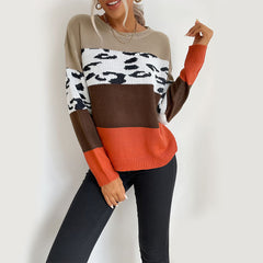 Women's new leopard print color blocking long-sleeved sweater