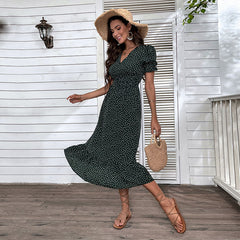 Women's new green printed medium length dress