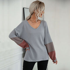 Women's new color contrast long sleeve gray V-neck sweater