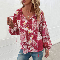 Women's new style lace up long sleeve floral shirt