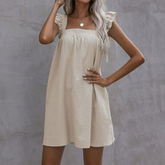 Women's New Loose Ruffle Solid Cotton Hemp Dress