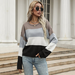 Women's new casual fashion color blocking long-sleeved sweater