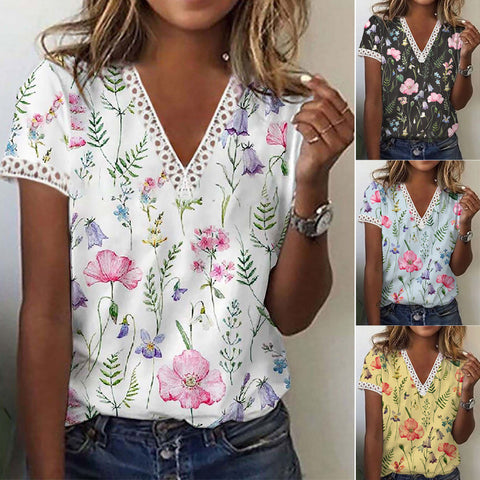 Women's new printed V-neck short sleeve T-shirt