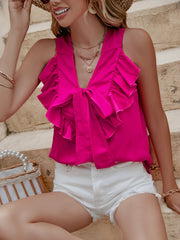 Women's new V-neck lace up ruffle sleeveless shirt