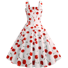 A-Z Women's New Style Strap Single breasted Decorative Cherry Print Large Swing Skirt