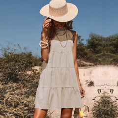 Women's New Loose Solid Neck Cotton Linen Dress