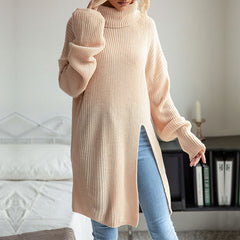 Women's New Solid Split Long Sleeve High Neck Woolen Dress