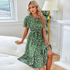 Women's New Style Temperament Printed Bow Neck Round Waist Women's Dress