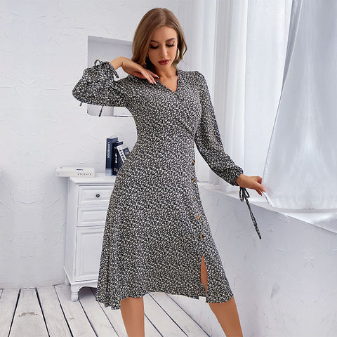 Women's New V-neck Printed Long Sleeve Split Dress