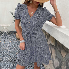 Women's New Blue Bubble Sleeve Short Dress