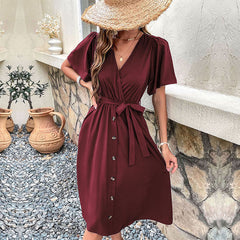 Women's waist closure temperament V-neck solid color dress for women