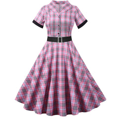 A-Z Women's New Stand Neck Single breasted Short Sleeve Checkered Short Sleeve Waistband Large Swing Dress