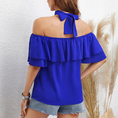 Women's new solid color neck style off shoulder ruffle top