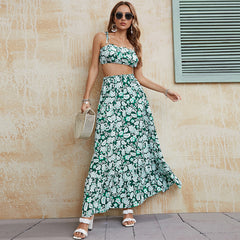 Women's New Printed Strap Wrapped Chest Long Dress Set