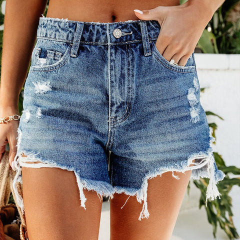 A-Z Women's New Tassel Perforated Comfortable Denim Shorts