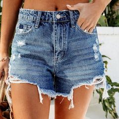 A-Z Women's New Tassel Perforated Comfortable Denim Shorts