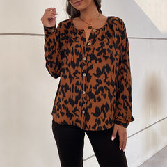 Women's new round neck long sleeve leopard print shirt