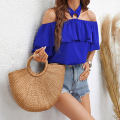 Women's new solid color neck style off shoulder ruffle top