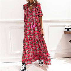 A-Z Women's New Printed Half Open Neck Loose Long Dress