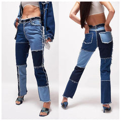 A-Z women's new mixed color patchwork high waisted buttocks straight leg jeans