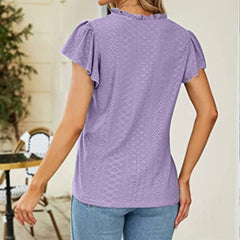 Women's New V-neck Double Ruffle Cut Out Short Sleeve Women's Casual T-shirt