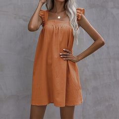 Women's New Loose Ruffle Solid Cotton Hemp Dress