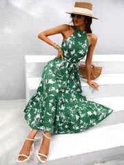 Women's New Green Print Hanging Neck Sleeveless Long Dress