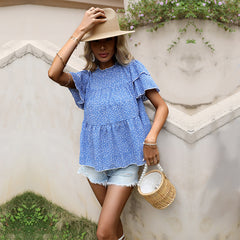 Fashion women's short sleeve small floral blue shirt woman