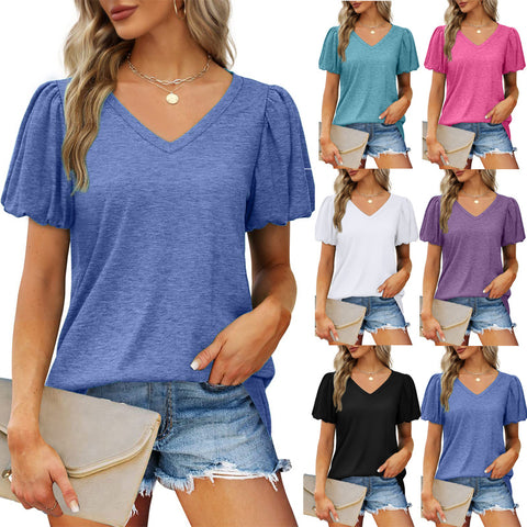 Women's New V-neck Lantern Sleeve Solid Short Sleeve T-shirt