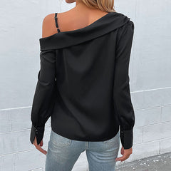 Women's New Irregular Black Off Shoulder Long Sleeve Shirt