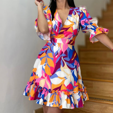 A-Z Women's New Printed Fashion Elegant Ruffle Dress