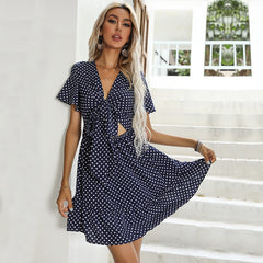 Women's cut-out blue polka dot open waist dress