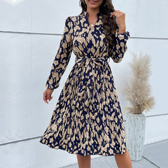 Women's new pleated printed long sleeve dress