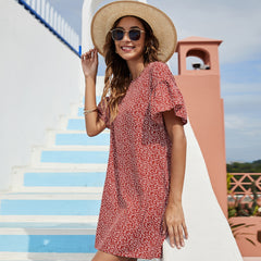 Women's New Red Flower Flare Sleeves Slim Fit Dress