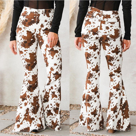A-Z Women's New White Bottom Printed Brown High Waist Flare Pants