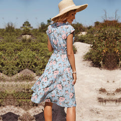 Women's New Fashion Blue Flower Print Holiday Dress