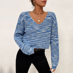 Women's new blue long-sleeved V-neck sweater