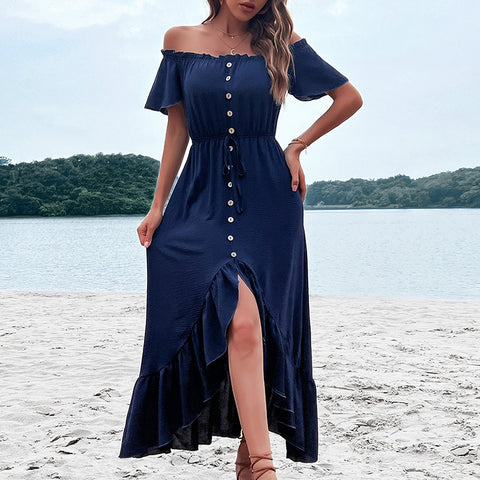 Women's new ruffled irregular blue dress