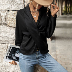 Women's New Fashion Style Black Long Sleeve V-Neck T-Shirt