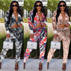 A-Z Women's New Wave Printed Long Sleeve Shirt Casual Pants Set