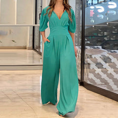 A-Z women's new casual V-neck loose wide leg jumpsuit