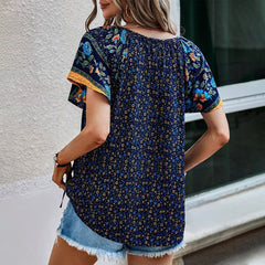 Women's New Casual Loose V-neck Printed Short Sleeve Shirt