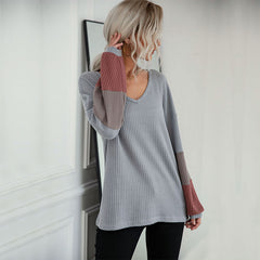 Women's new color contrast long sleeve gray V-neck sweater