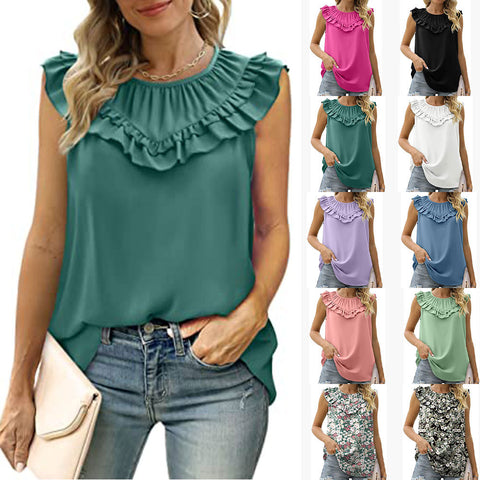 Women's New Sleeveless Chiffon Shirt Elegant Round Neck Pleated Top