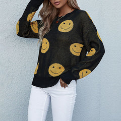 Women's new casual smiling face long sleeve black sweater